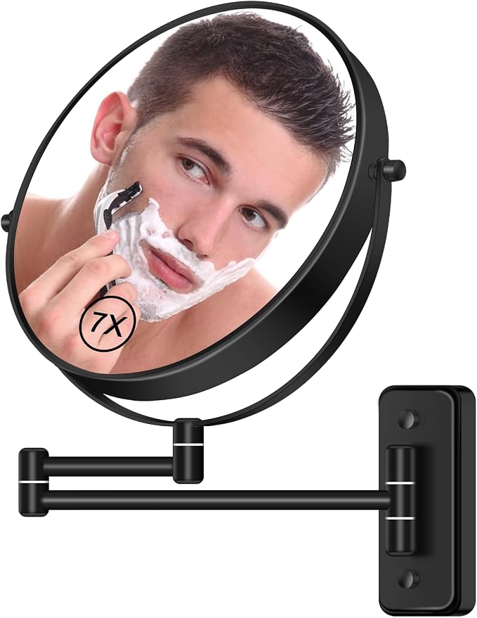 BTremary 8” Wall Mounted Magnifying Makeup Mirror 1X/7X Wall Mount Mirror Swing Arm Two-Sided 360° Swivel Bathroom Shaving Mirror for Men and Women in Hotel/Home, Black
