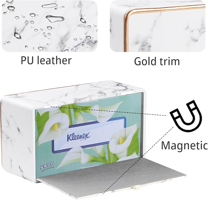 PU Leather Tissue Box Cover Rectangle,Marble Facial Tissues Cube Box Holder | Modern Facial Paper Napkin Dispenser Organizer Rectangular for Bathroom Vanity,NightStand,Coffee Table,Hotel,Car,Home Decor