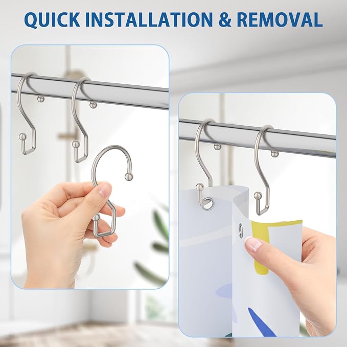 Metal Shower Curtain Hooks Rings, S Shape Metal Shower Curtain Rings Rust Proof Shower Curtain Hangers, Heavy-Duty Multi-Functional Shower Hooks for Shower Curtain, Matte Nickel, 12 Pack