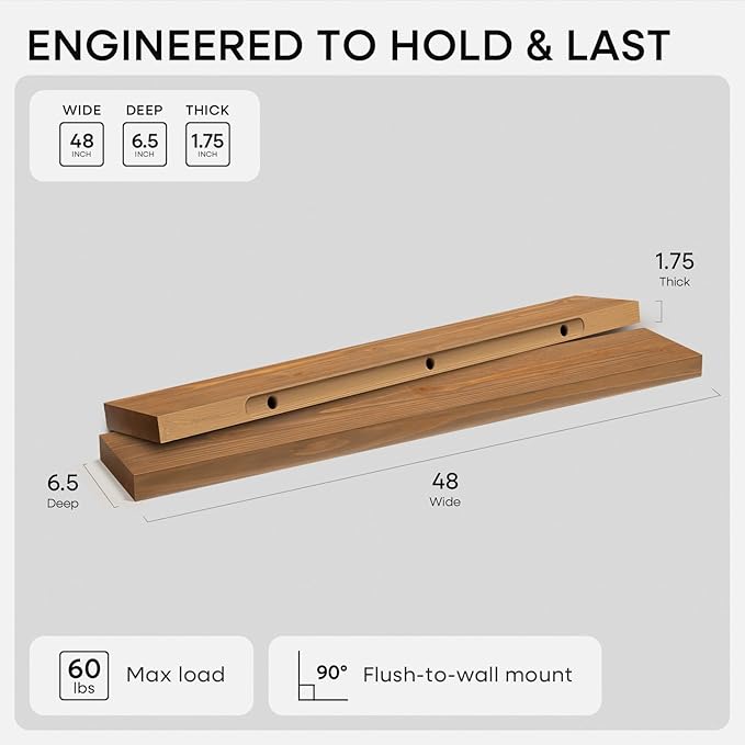 48 inch Golden Oak Floating Shelf, High End Solid Real Wood 48inch Small Floating Shelves for Wall Mounted, Oak Wooden 48in Floating Shelves, Heavy Duty Bracket, 48 X 6.5 X 1.75 in, Set of 3