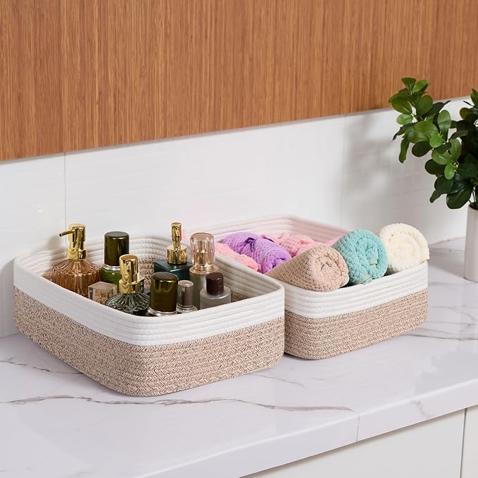 MiniArk Large Shallow Organizing Baskets 15x11x5.1 Inches - Rope Woven Storage Bins for Bathroom, Shelves, Cube Closet, White Mixed Brown 4 Packs