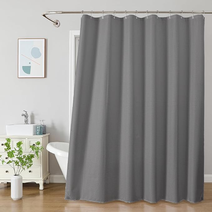 2-in-1 Waterproof Fabric Shower Curtain - No Separate Liner Needed, Hotel-Style Waffle Weave, Effortless Cleaning & Washable Bathroom Shower Curtain Set,72Wx96H,Grey