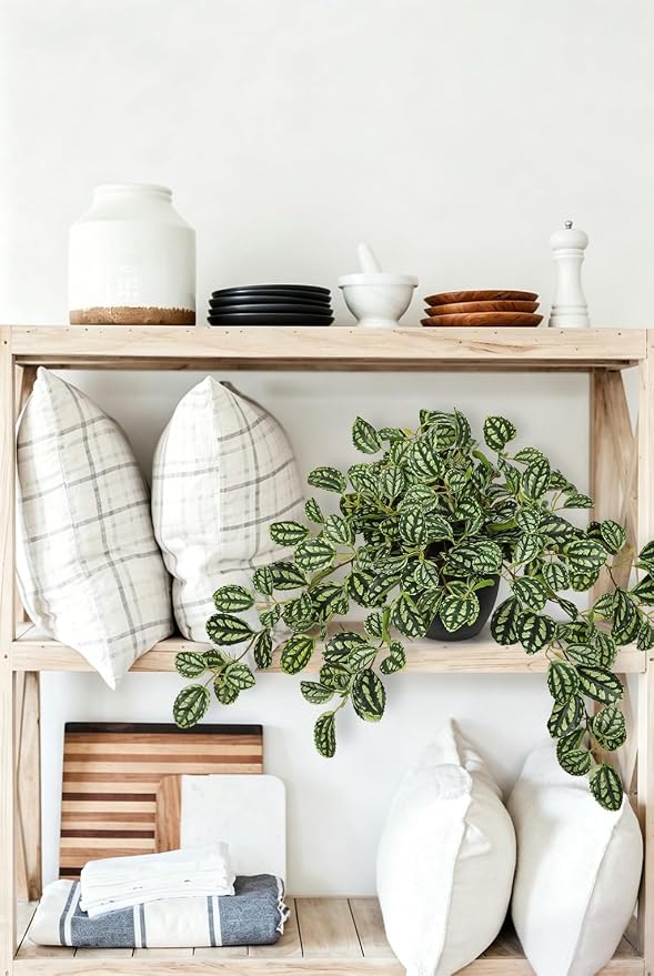 Briful Artificial Potted Plant Indoor, 19.6" Faux Watermelon Peperomia Trailing Plant in Black Pot, Realistic Fake Plants with Cascading Green Leaves for Shelf Bathroom Office Desk Kitchen Home Decor