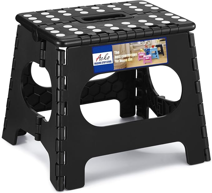 ACKO 11" Folding Step Stool for Kids, Non-Slip Foldable Step Stools, Black | Heavy Duty Collapsible Foot Stool, Lightweight with Built-in Handle, Holds 300 lb for Adults Kitchen Bathroom Bedroom Outdoor