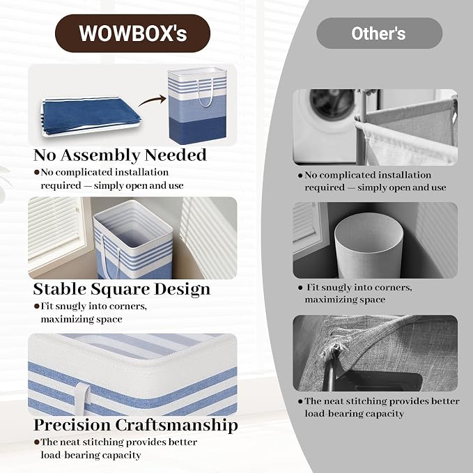 WOWBOX 2 Pack Laundry Baskets, Collapsible Dirty Clothes Laundry Hampers | with Reinforced Handles, Waterproof Coating, 2 Pack for Clean & Dirty Clothes, for Bedroom, Bathroom, Dorm (125L Blue)