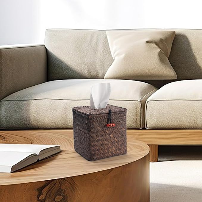 Seagrass Square Tissue Box Cover Woven Napkin Holder Decorative for Bathroom Farmhouse (Coffee, 5.5 x 5.5 x 5.5 Inch)