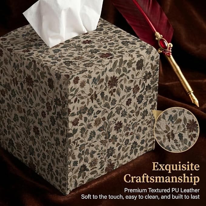 Tissue Box Cover Holder Square - Vintage Boho PU Leather Decorative Organizer, Ethnic Carpet Pattern Design Inspired, with Bottom Belt for Bathroom Car Office Tabletop Home, 5x5 Inch (Brown)