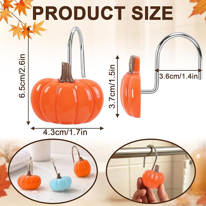 Fall Shower Curtain Hooks 12 Pcs Decorative Autumn Rings | Premium Metal Universal Size, Smooth Gliding Rust Proof, Decorative 12 Pack, Bathroom Thanksgiving Home Decor