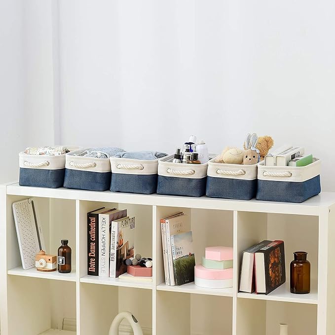 Storage Bins for Shelves - 12x8x5.2 inch 1 Pack Baskets for Gifts Empty, Fabric Storage Cubes for Closet Organizing Dog Gift Cloth Toy (White & Jean Blue)