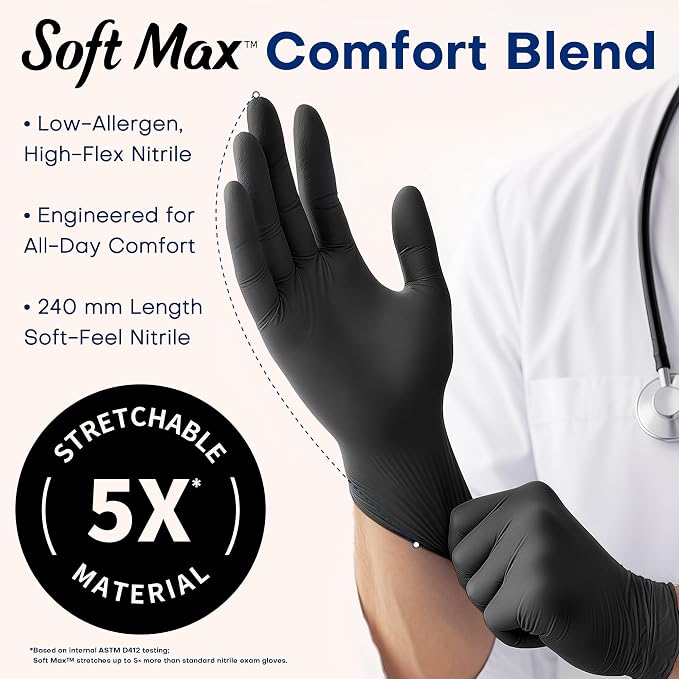 Soft Max Disposable Nitrile Exam Gloves, Powder-Free Black 100 Ct | Soft Max™ Disposable Nitrile Exam Gloves Latex-Free Powder-Free Medical Food Safe Cooking Cleaning, 100 Ct Black