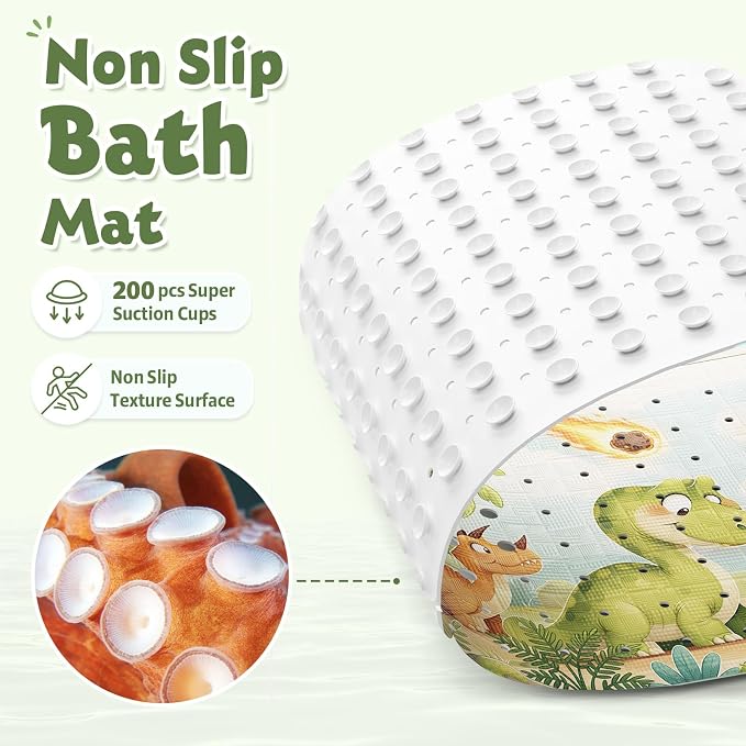 Baby Bath Mat for Tub Non Slip Kids, BPA Free Extra Long Bathtub Mat 40x16 with Drain Holes and 200 Suction Cups, Non Toxic Machine Washable Toddler Bath Mat, Eco-Friendly Certified