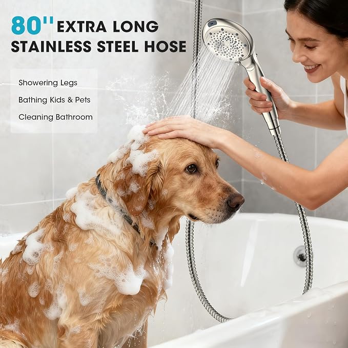 High Pressure Filtered Handheld Shower Head, Brushed Nickel | 80" Long Stainless Steel Hose, Built-in Power Wash, Anti-clog Nozzles, Filter Beads for Hard Water, Remove Chlorine