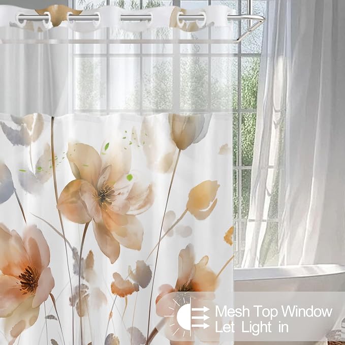No Hook Shower Curtain and Liner Set, Orange Boho Floral 71x74 | Watercolor Boho Flower, with Snap in Liner, Waterproof, Machine Washable, Quick-Drying, for Hotel Bathroom