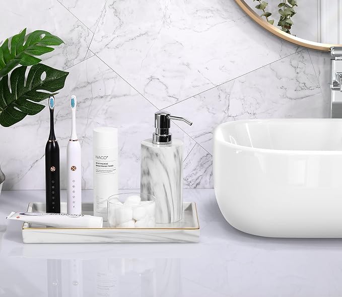 Luxspire Bathroom Vanity Tray Ceramic Jewelry Dish, M, Marble White | 11 x 6.3 inch Smooth matte ceramic, easy clean, anti-slip bottom, organize soap dispenser jewelry candles