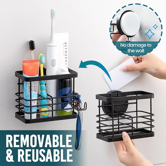 TAILI Powerful Suction Cup Toothbrush Holders with Segmented Design 5 Slots | Wall Mounted, Drainage Shower Tooth Brush and Toothpaste Holder, No Drilling Removable Bathroom Organizer with Razor Hook