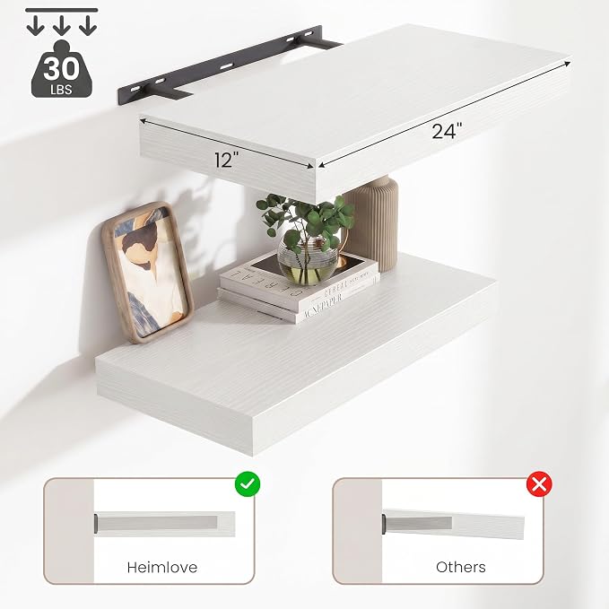 12 Inch Deep Floating Shelves for Wall, 24 Inch Wide Wall Shelves Set of 2, 2 Inch Thick Heavy Duty Invisible Wall Mounted Shelves for Kitchen Living Room,White