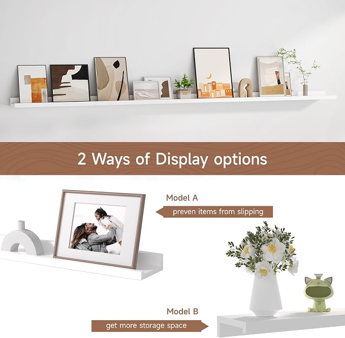 Floating Picture Ledge Shelves for Wall Set of 2, 72 Inches Picture Ledge Shelf with Long Large Nursery Book Shelf for Toys Storage Kids Bookshelf Wall Mounted Living Room Bedroom Decor Frames, White