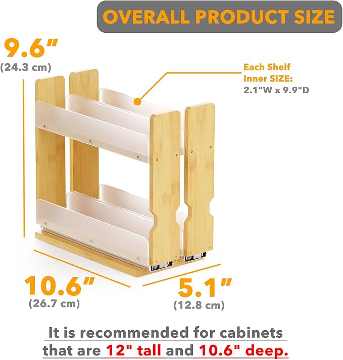 SpaceAid Bamboo Pull Out Spice Rack Organizer for Cabinet, Heavy Duty Slide Out Seasoning Kitchen Pantry Sliding Vertical Organization, 5.1" Wide, 2 Drawers(2" Wide), 2-Tier, Natural