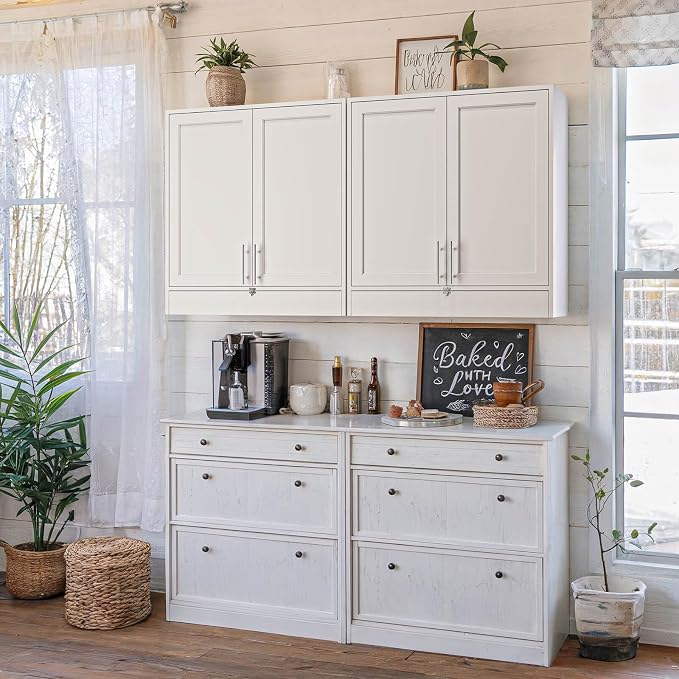 59’’W Laundry Room Cabinets Wall Mounted,Kitchen Wall Cabinet with Flip-Bottom Drawer for Spice, Adjustable Shelf, Shaker Wall Cabinets for Laundry Room, Kitchen, Bathroom, White