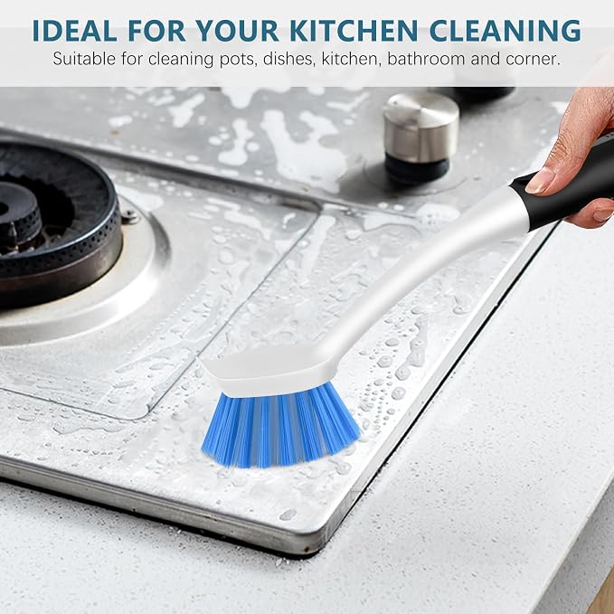 SetSail 3 Pack Dish Brush Set, Long Handle Kitchen Scrub Brush(Black Blue) | Built-in scraper tip, non-slip rubber handle, PET stiff bristles. Hanging loop for storage. for Dishes pots, pans, bottles