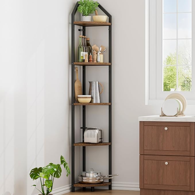 5-Tier Corner Shelf | 70 Inch Tall Bookshelf & Plant Stand, Heavy Duty Storage for Home Office & Living Room - Brown