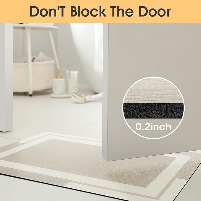 Non Slip Bath Mat, Thin Bathroom Rugs Fit Under Door, Quick Dry Bath Mats, Machine Washable Bath Rugs for Bathroom, Bathtub & Kitchen, Bathtub, Light Beige/Bordered/32 x20