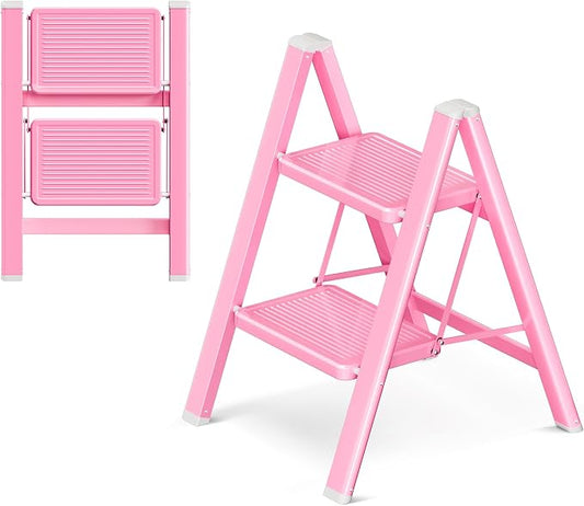 2 Step Ladder, Foldable Step Stool with Widened Pedal, Pink | Sturdy Carbon Steel, Anti-Slip Feet, Portable, 330LBS Capacity, Space Saving, for Kitchen, Bedroom, Pantry Use