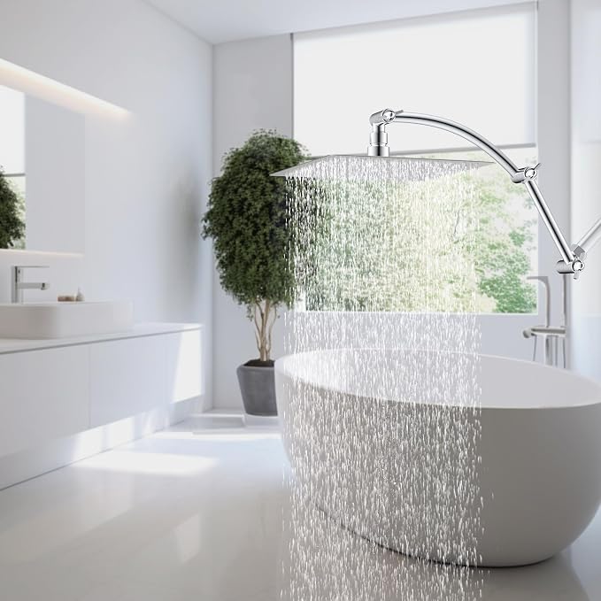 Hibbent All Metal 12'' Rain Shower Head with 16'' Extension Arm, Chrome | cUPC Certified High Pressure Rainfall Showerhead with Solid Brass Adjustable Shower Head Extension Arm, Fixed Showerheads