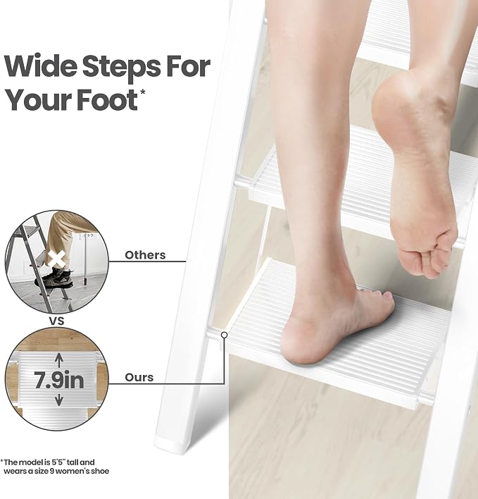 6 Step Ladder, Folding Step Stool, Lightweight Stepladder, White | Reach 12ft;Anti-Slip 7.9'' Wide Pedal;Portable Handrail;Space-Saving;For Kitchen, Home, Library, Office Use;300lbs Capacity