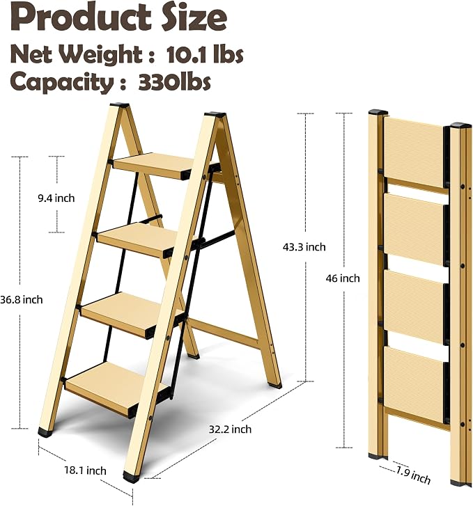 Taranta 4 Step Stool Foldable,Aluminum Step Ladder-Gold | Lightweight,Wide Anti-Slip Pedals,Folding Step Stool,330lbs Capacity Stepladder for Household,Kitchen,Office