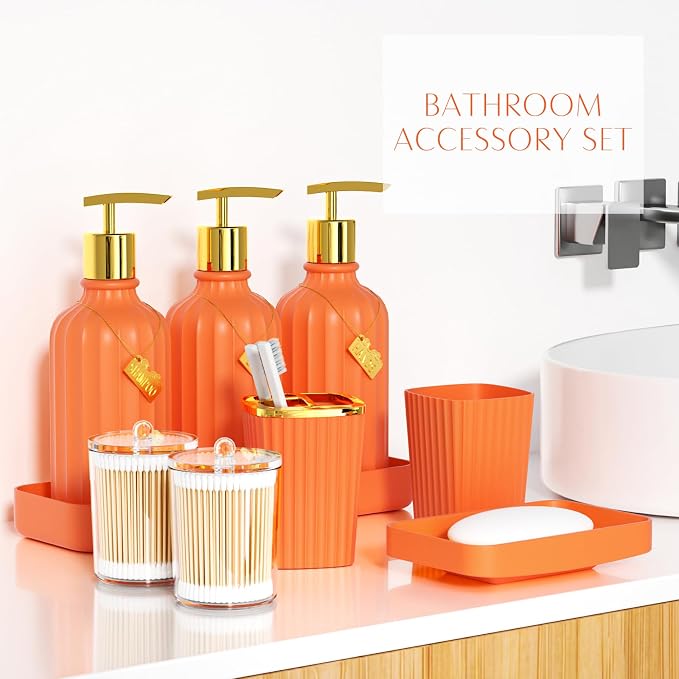 21PCS Bathroom Sets with Shower Curtain and Rugs Bathroom Accessories Set Orange Bathroom Set Complete with Trash Can, Toilet Brush, Qtip Holder & 3PCS Soap Dispenser