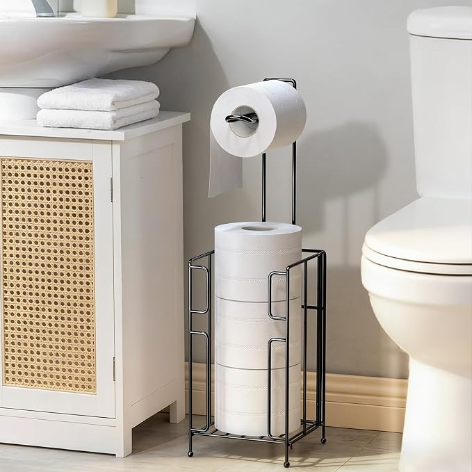 Toilet Paper Holder Stand with Storage, Free Standing Paper Roll Dispenser for 4 Mega Rolls, Space-Saving Bathroom Organizer, Easy Assembly & Stable