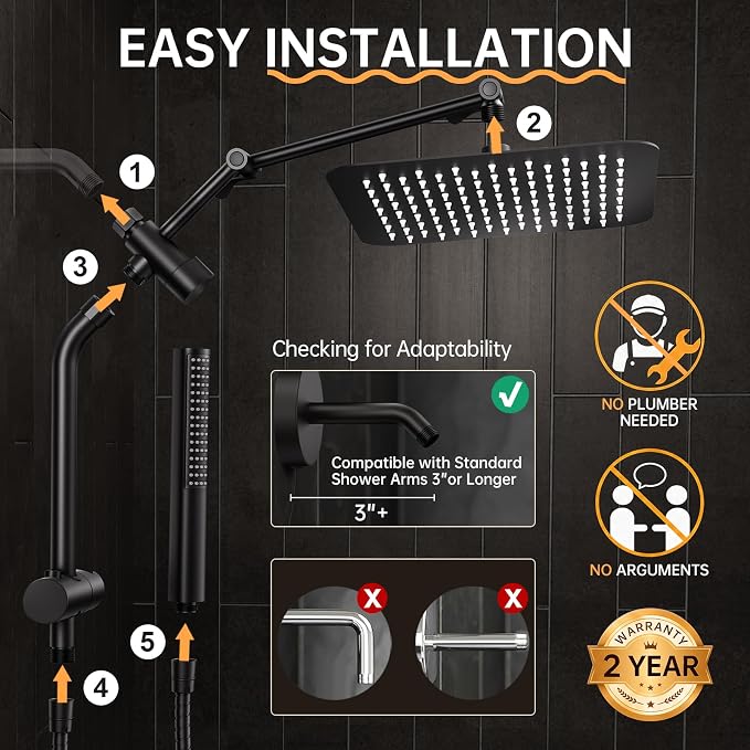 Veken All Metal 10" Luxurious Rain Shower Head with Handheld Spray,Square | Best Dual High Pressure Shower Heads Combo,Double Detachable Showerhead, Adjustable Rainfall,Bathroom Accessories,Matte Black