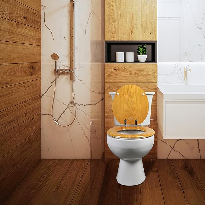 Angel Shield Elongated Wooden Toilet Seat Quiet Close(Oak) | Quick Release Metal Hinges, Adjustable Fit for Standard Elongated Toilets, Easy to Install&Clean