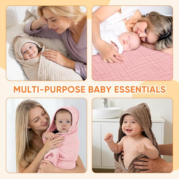 MIGIOL Muslin Hooded Baby Towels 100% Cotton ，Super Soft Muslin Baby Bath Towel - 32 x 32 Inches, Suitable for Newborn and Young Children up to 3 Years Old. (Light Pink & Dark Pink)