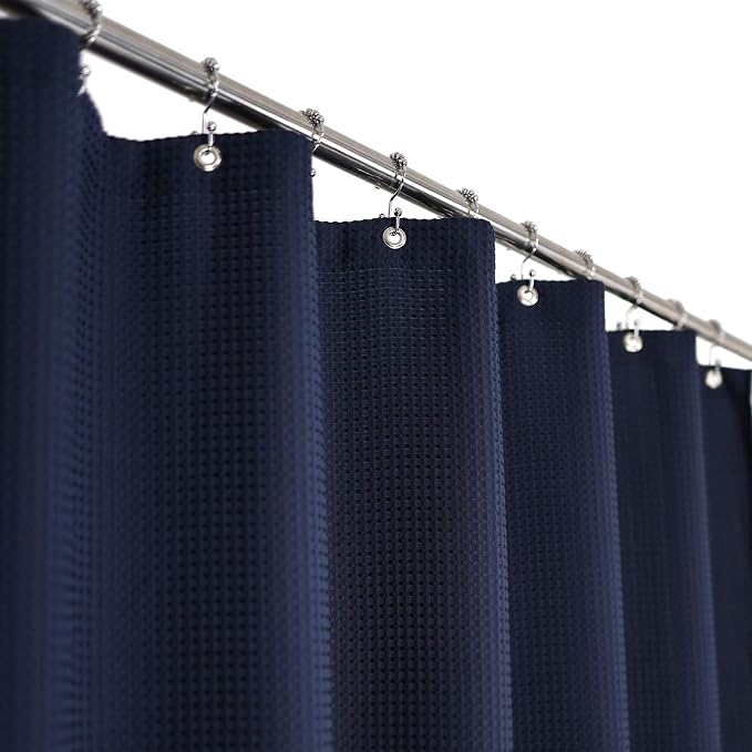 Barossa Design 71x84 Extra Long Waffle Weave Shower Curtain Navy Blue | 230GSM Heavyweight, Hotel Spa Luxury, Cloth Pique Pattern, Water Repellent, Washable
