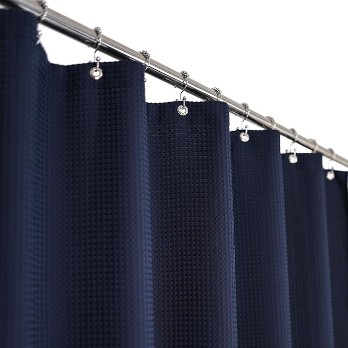 Barossa Design 71x78 Long Waffle Weave Shower Curtain Navy Blue | 230GSM Heavyweight, Hotel Spa Luxury, Cloth Pique Pattern, Water Repellent, Washable, 71" W x 78" H