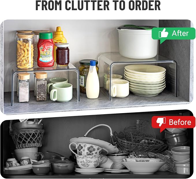 Bobomoment Clear Cabinet Organizer, Stackable Shelf Organizer Set of 4 | Kitchen Pantry Organizers and Storage, Display Cabinet Shelf Countertop Desk Shelves, Patented Spice Organization