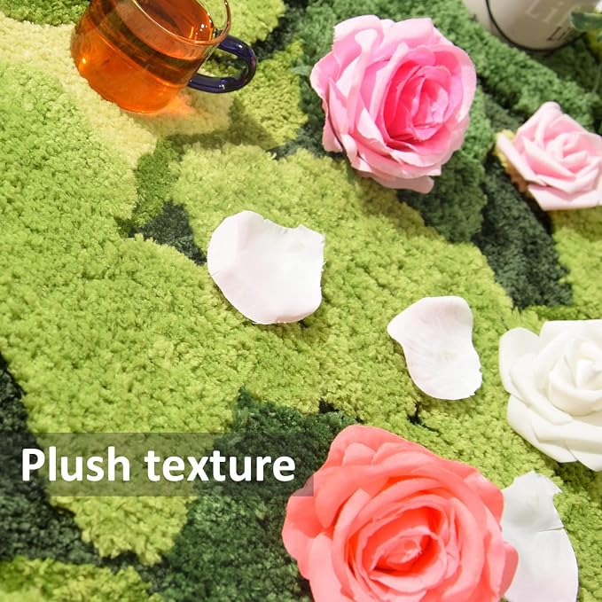 Hifuwan Cute Green Moss Shag Bathroom Rugs, Plant Bath Mats, 20 x 32 Inch | Leaf Bath Rugs for Bathroom Decor Aesthetic, Soft Non Slip Machine Washable, Absorbent Floor Carpets for Indoor Shower Mat