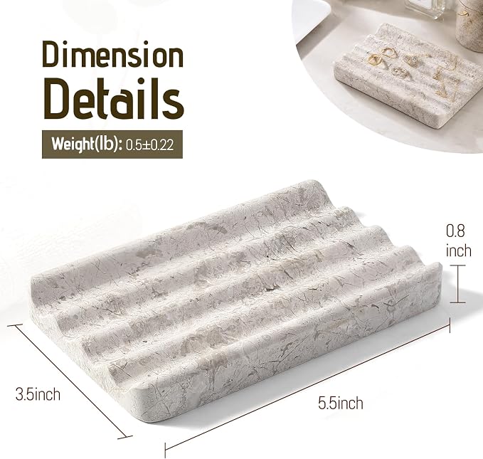 Karibiber Marble Soap Dish, Bar Soap Dish Shower, Grey Bathroom Soap Holder, Stone Sponge Holder for Kitchen Sink