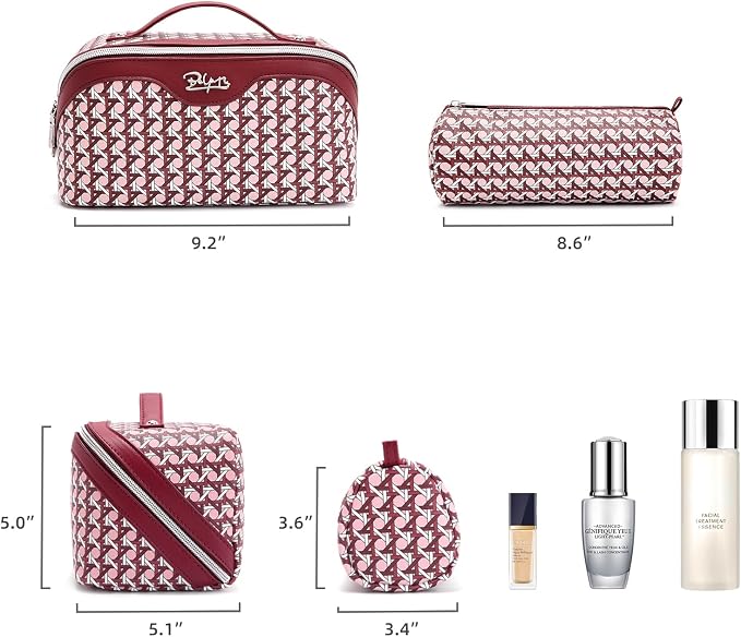 BOYATU Travel Makeup Bag Cosmetic Bags for Women: 3 Pcs Set Make up Bag | Large Capacity Waterproof Vegan Leather Organizer Bags with Compartments - Lay flat Toiletry with Handle (M-78Red)
