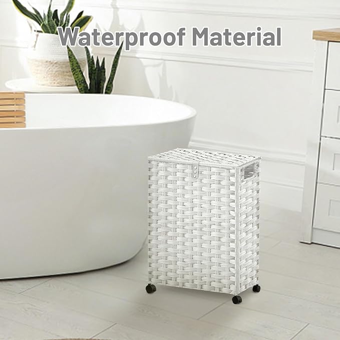 Hiagnete Toilet Paper Storage Basket with Lid and Wheels, Rattan Toilet Paper Holder Storage, Toilet Paper Organizer for Bathroom, Bedroom, Kitchen, 12.6”L x 7.1”W x 17.14”H, White