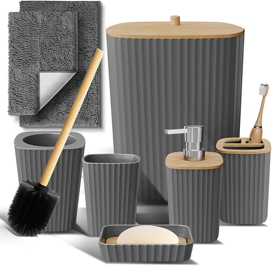 Clara Clark Bathroom Set - Grey Bathroom Accessories Set, 6PC Bathroom Accessory Set, Bathroom Sets with Bathroom Rugs, Toilet Brush, Trash Can & Soap Dispenser