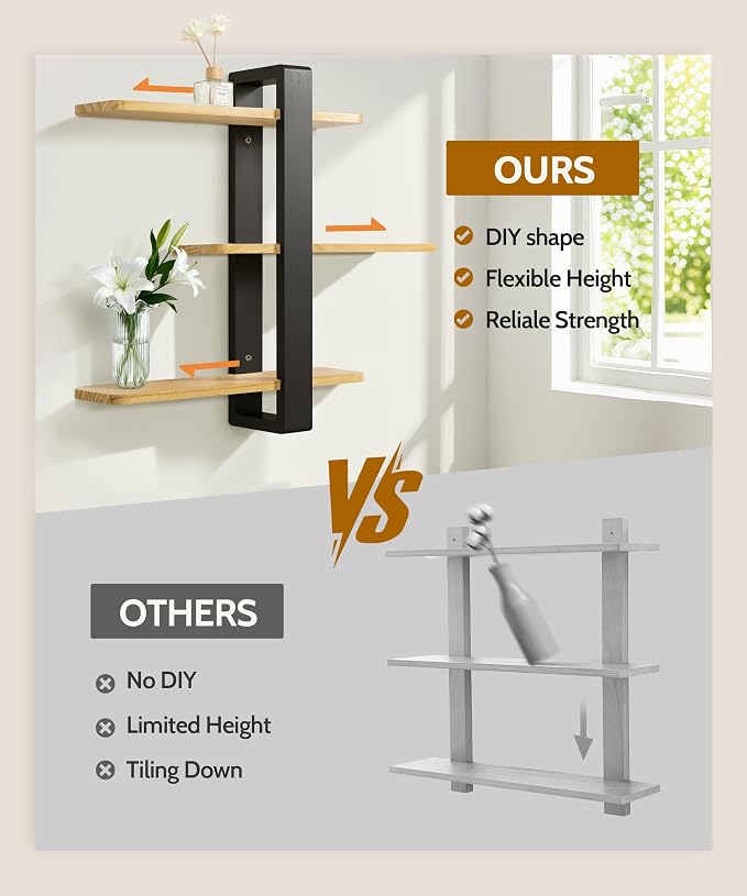 SUMGAR Floating Shelves for Wall Wood, 3 Tier Adjustable Plant Shelf Unit | 20 Inch All Pine Wood, Decorative Shleving, Plants Photos Display, for Living Room, Bedroom, Office, Bathroom