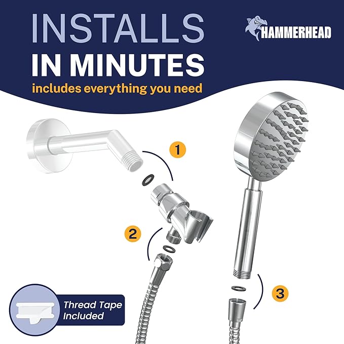 HammerHead Showers® Solid Metal Handheld Shower Head with Hose and Brass Holder - CHROME - 2.5 GPM High Pressure Shower Heads with Adjustable Shower Wand Bracket - 6ft Flexible Extension