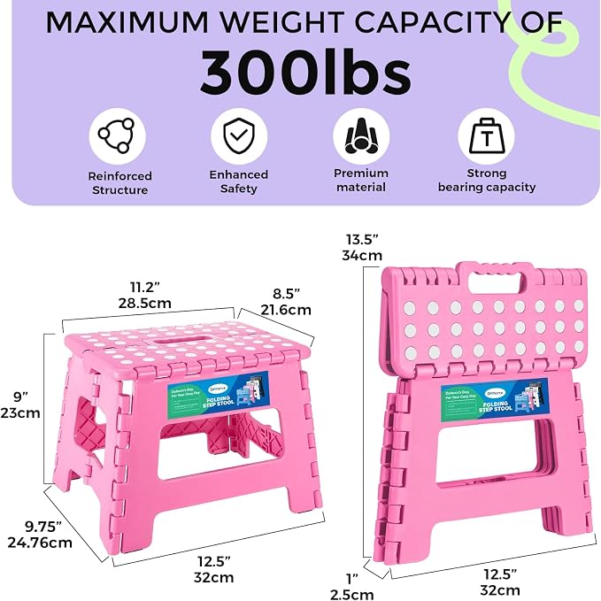 Dyforce Kids Step Stool 9 Inch, 300lbs Folding Step Stool for Toddler | Step stool Pink,Anti-slip Heavy Duty Stool with Handle, Lightweight Foldable Foot Stool for Bathroom Kitchen Bedroom Outdoor