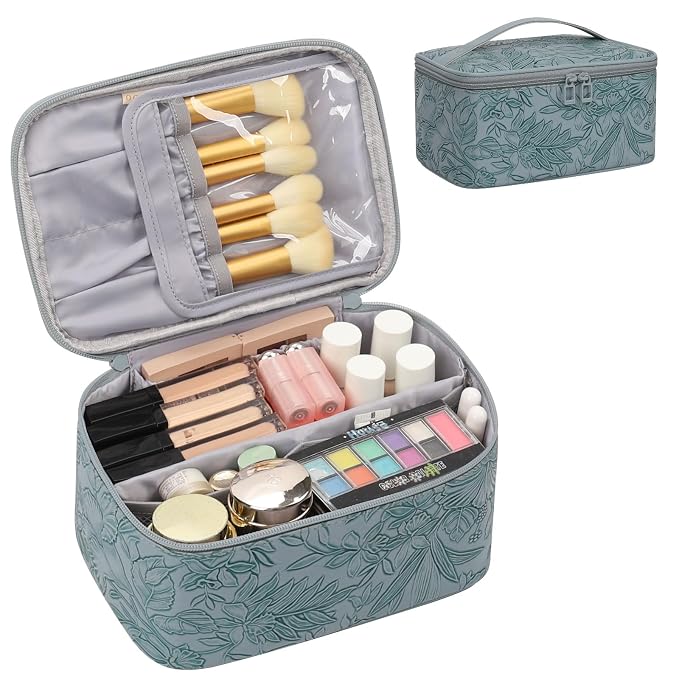 Makeup Bag for Women - Travel Cosmetic Organizer with Brush Slot & Divider, Large Capacity Toiletry Bag for Girls, Travel Makeup Case for everyday Make up Accessories -Blue Floral