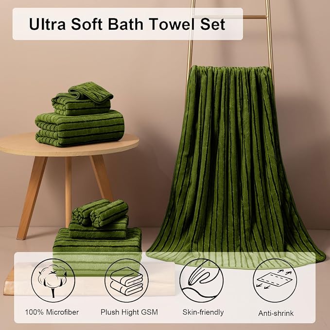 8 Pcs Army Green Cabana Stripe Large Bath Towel Set Oversized Bath Sheet-2 Bath Towels,2 Hand Towels,4 Washcloths Soft Jumbo Towels Absorbent Shower Towel Beach Chair Towels Spa Gym Hotel Towel
