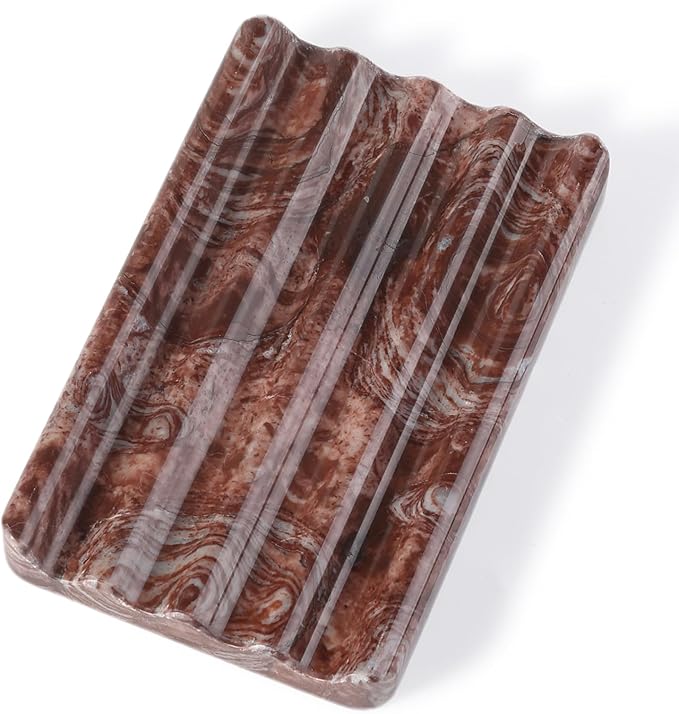 Natural Marble Soap Dish for Shower, Red Marble Soap Tray for Bathroom, Bar Soap Holder for Sink, Stripe Grooves Saver Stone Soap Dish Keep Soap Bars Dry Easy Clean(Red Storm)