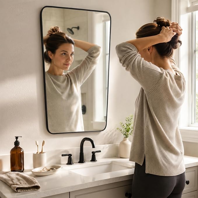 Matte Black Tapered Rounded Rectangle Bathroom Mirror, 24x36 Inch | Aluminum alloy frame, soft trapezoid shape, tempered glass, reversible vertical keyhole mount